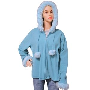 Wmns Vtg Y2K Fashion Bug Blue Hoodie With Faux Fur Trim Sz XL 90S/00S KAWAII
